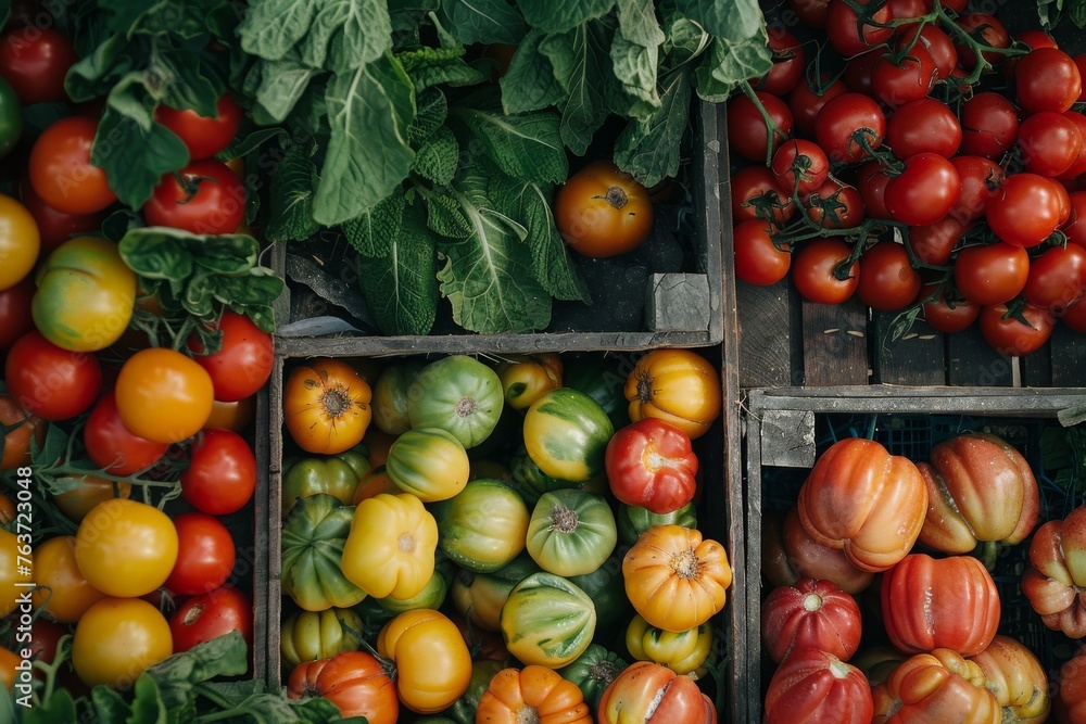 Vibrant green basil leaves in a rustic wooden crate cradle ripe red and yellow tomatoes with dew drops.