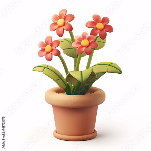 Cute green plants blooming in flower pot 3D illustration, gardening home concept element