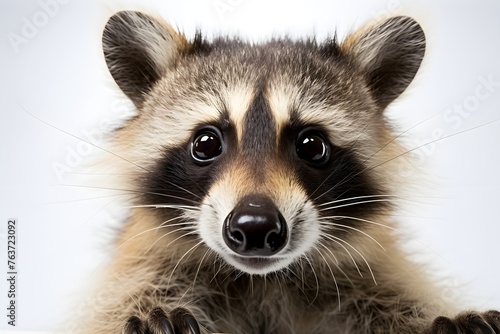 Portrait of a cute funny raccoon, closeup, isolated on a white background © VisualVanguard