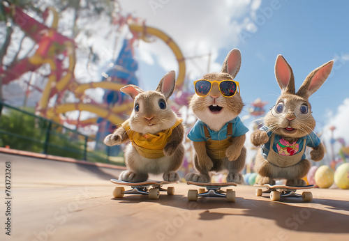 Three cute bunnies with big eyes wearing sunglasses, skateboard in front of the theme park with roller coasters and colorful decorations. 