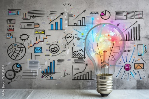 A picture of a wall full of notes. analyzing data and making blueprint and checking charts and statistics and numbers. a bright light lamp bulb in the foreground. colorful handwriting, AI Generated.