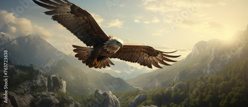 The wild eagle hawk flaps its wings soaring high above the mountains and the cloudy blue sky created with Generative AI Technology photo