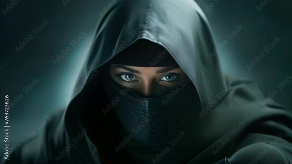 Female ninja with sword on grey background Female ninja with sword on grey background