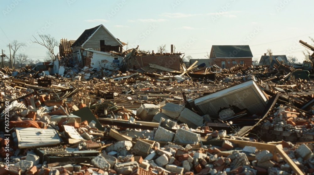 The remnants of shattered homes and businesses lay amidst the rubble of a town torn apart by a powerful tornado.