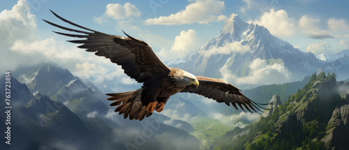 The wild eagle hawk flaps its wings soaring high above the mountains and the cloudy blue sky created with Generative AI Technology