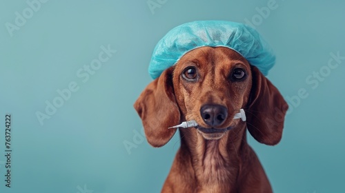 Cute Dog in medical veterinary cap holds a medical syringe in its mouth. Medical veterinary clinics for pets, emergency care for animals, operations and tests for animals in the clinic, anesthesia