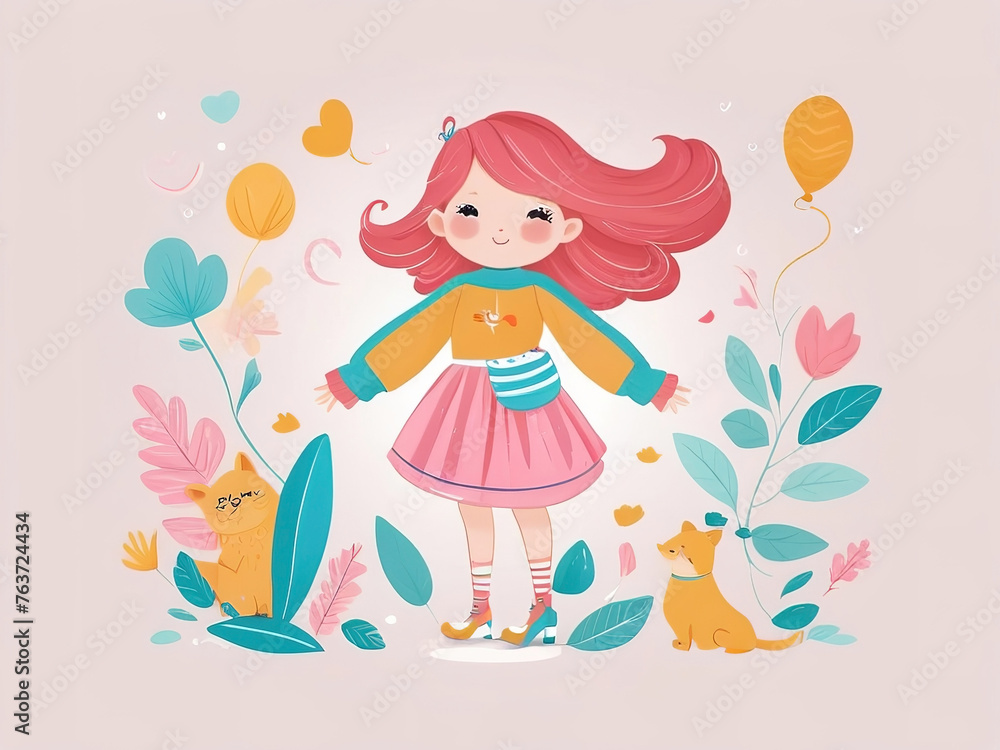 Cute little girl with cute cat and flowers. illustration.