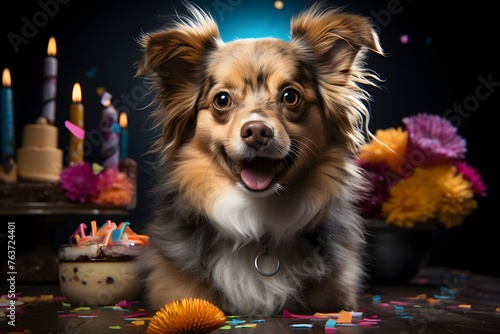 Funny and friendly cute dog (Chihuahua) wearing a birthday party hat in studio, on a vibrant, colorful background
