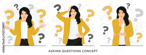 Flat vector people doubt asking questions looking phone flat illustration