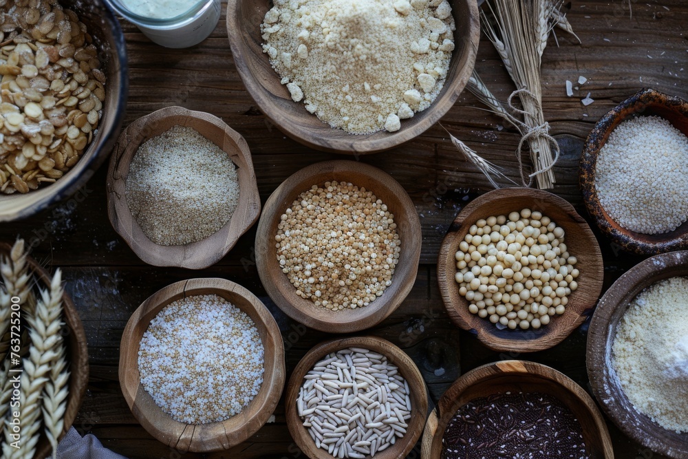 Assorted Grains and Flours in Wooden Bowls Top View