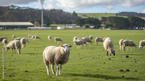 A flock of sheep grazing in the fields next to the stadium adding to the rural charm of the cricket grounds.