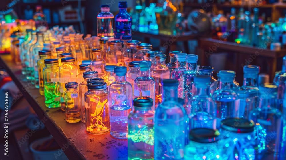 A table covered in jars and vials filled with brightly glowing liquids. These are the raw materials used by the artist to bring vision to life each one carefully selected