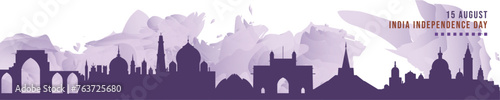 Happy India Independence Day in August banner with cities skyline, panorama. Flat vector celebration graphic, layout for footer, steamer, header