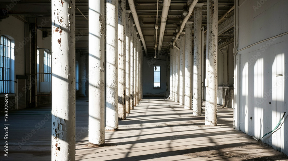 The sunlight shines through columns in a long and white corridor, industrial interior. Generative Ai