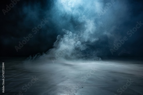 Ominous atmosphere with a smoky dark room and an empty concrete floor, conjuring a mood of mystery and suspense. © BackgroundWorld
