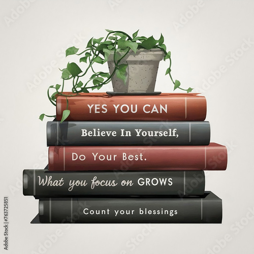 set of 5 books stacked with money plant on it representing growth with inspirational positive affirmations for motivation and confidence building in business and life poster