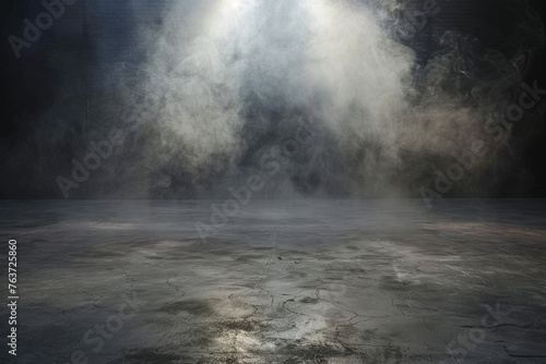 Ominous atmosphere with a smoky dark room and an empty concrete floor, conjuring a mood of mystery and suspense. photo