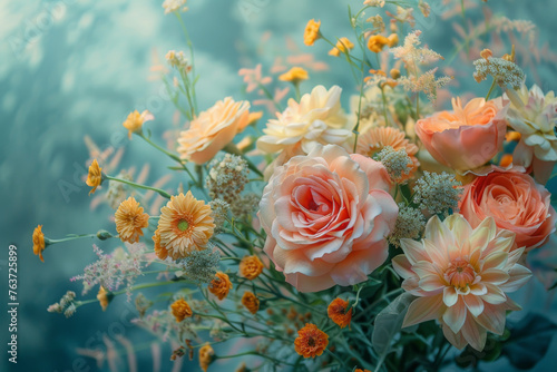 A bouquet of flowers with soft pastel hues glowing gently, featuring roses and dahlia, © smth.design