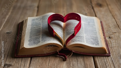 Bible on table with pages folded into heart shape 
