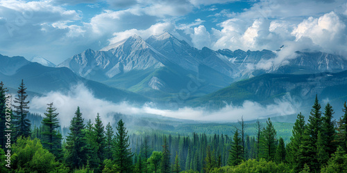 Majestic mountain range with snow-capped peaks and lush green forest