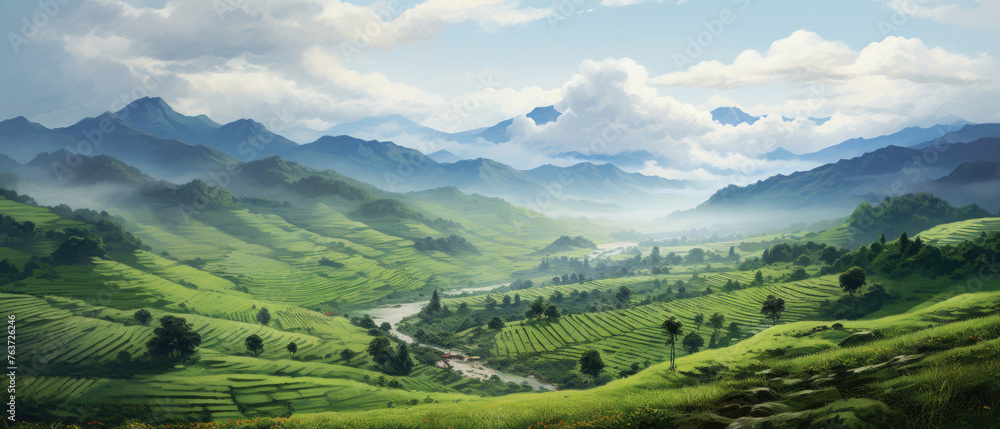 landscape in the countryside wide expanse of lush green grassland meadow with clear sky, clouds, river and mountains in the distance created with Generative AI Technology 