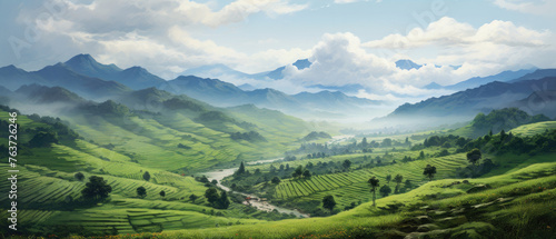 landscape in the countryside wide expanse of lush green grassland meadow with clear sky, clouds, river and mountains in the distance created with Generative AI Technology 