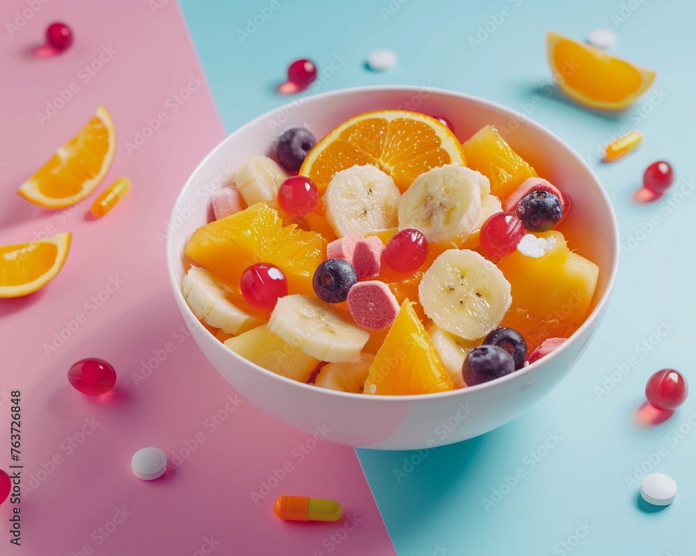 A bowl of fresh fruit salad sprinkled with vitamin C supplements.