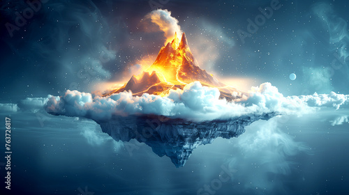 Floating island with an erupting volcano. Surreal image photo