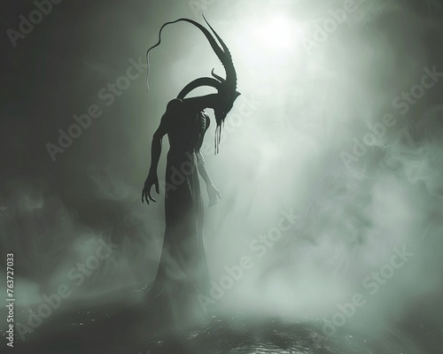 High-definition photorealistic render of A figure with a twisted horned head. © pprothien