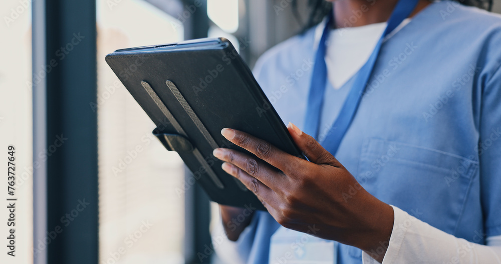 Hands, tablet and nurse in clinic for online consulting, telehealth or wellness on information technology. African person, healthcare or medical study on internet, hospital research and window Hands, tablet and nurse in clinic for online consulting, telehealth or wellness on information technology. African person, healthcare or medical study on internet, hospital research and window
