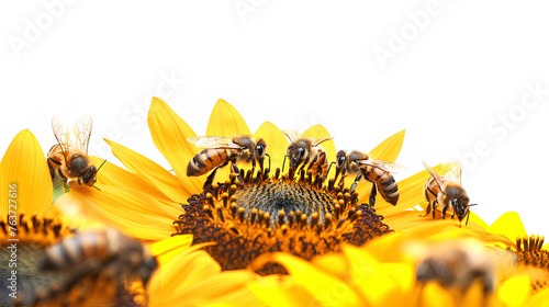 honey bees and other pollinators drinking nectar from sunflower on isolate white