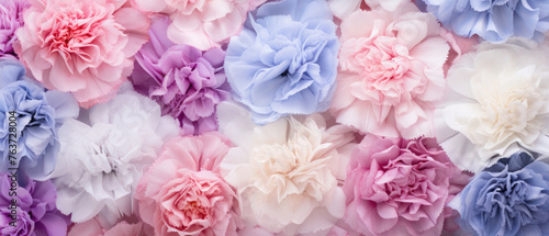 Collection of Colorful Carnation Flowers blooming in soft pastel bright colors on a vast natural spring floral background created with Generative AI Technology