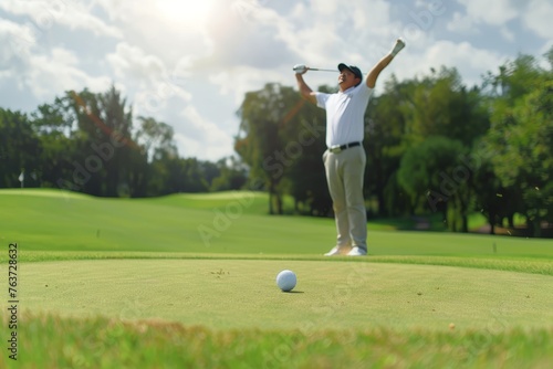 a man is standing on a golf course and is about to hit a ball.