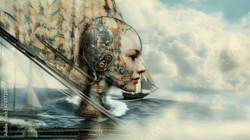 artificial intelligence, embodied as a beautiful cybernetic woman, navigating the internet as a ship sailing the seas, vaguely seen and represented as the ships sails photo