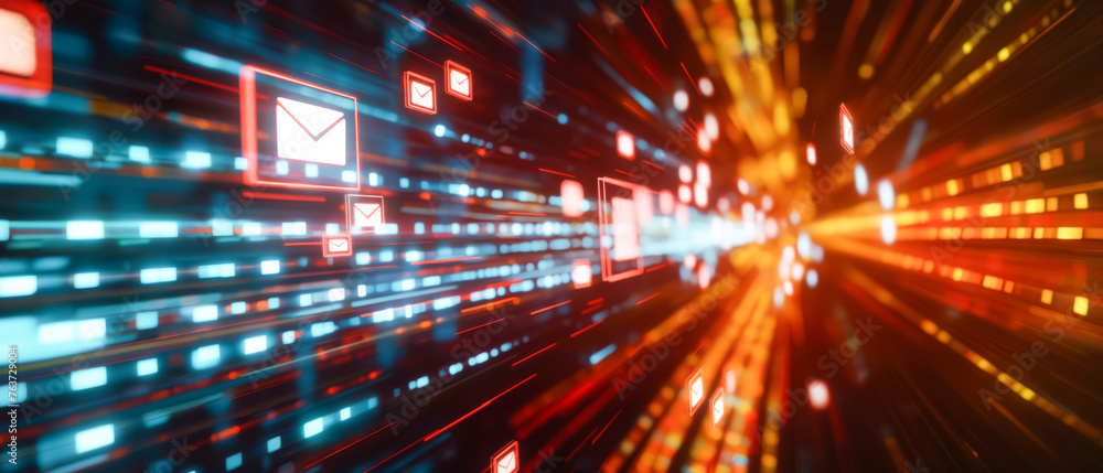A dynamic rush of data streams, with email icons zipping through a digital corridor. A dynamic rush of data streams, with email icons zipping through a digital corridor.