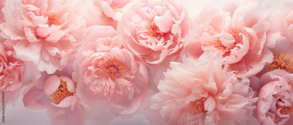 Collection of Pink Purple Peony flowers blooming in soft pastel bright colors on a vast natural spring floral wide background Collection of Pink Purple Peony flowers blooming in soft pastel bright colors on a vast natural spring floral wide background