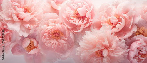 Collection of Pink Purple Peony flowers blooming in soft pastel bright colors on a vast natural spring floral wide background created with Generative AI Technology 