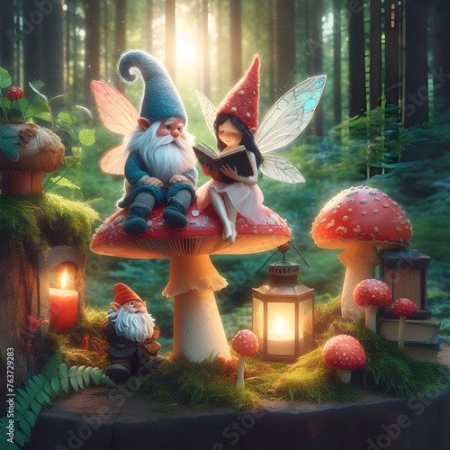 Whimsical fairy and gnome sitting on mushroom in magical forest reading book, education concept
