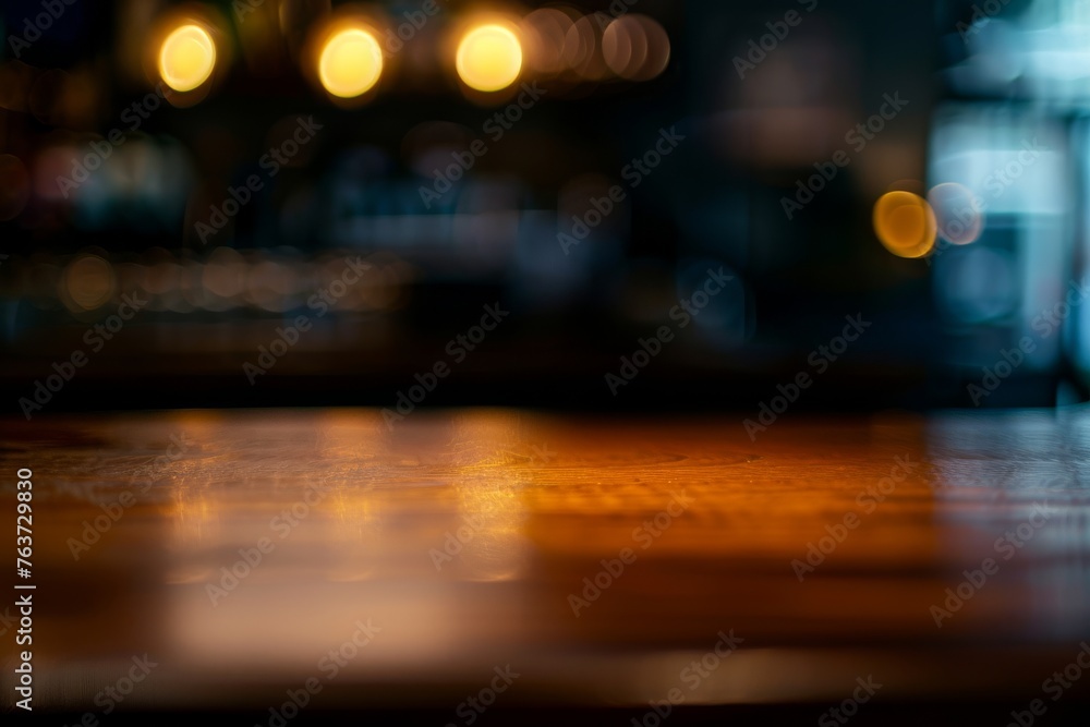 Defocused ambiance with glowing orbs against a polished wood surface, perfect for a comfortable and intimate setting. - obrazy, fototapety, plakaty 