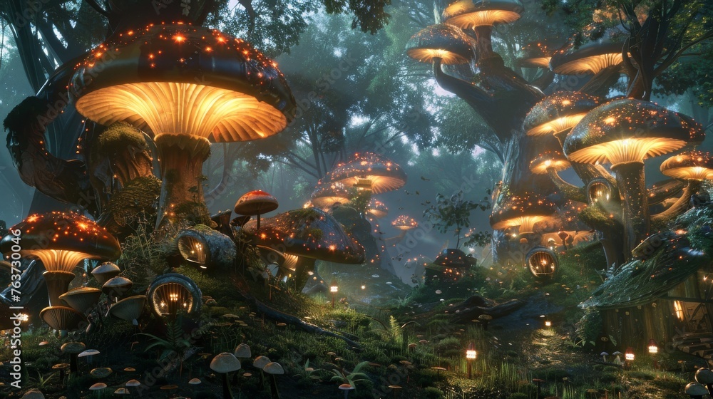 In an enchanted forest, a mystical village emerges with homes crafted