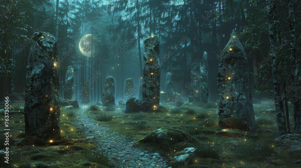 A stone path leads through a mystical forest under a full moon, with ...