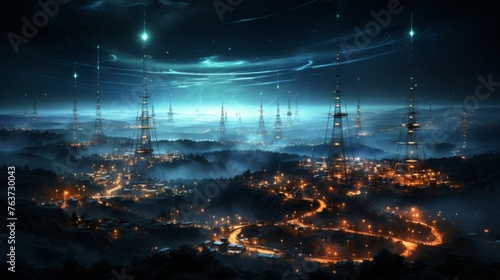 Futuristic city with digital signal towers at night