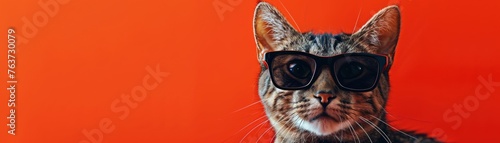 Close-Up of Tabby Cat with Black Sunglasses on Red Background Exuding Cool Attitude

 photo