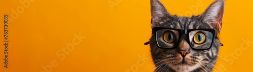 Tabby Cat with Spectacles on Vivid Orange Background Displaying Humor and Personality © Sippung