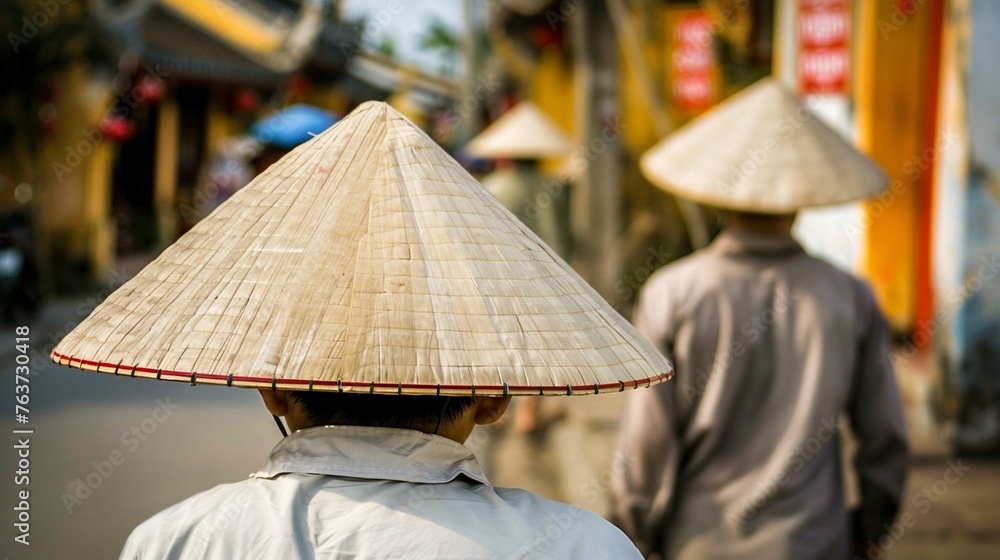 Unidentified Vietnamese merchants wearing traditional Vietnamese style conical hat