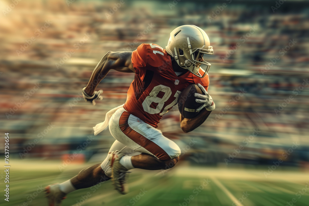 A football player wearing a jersey is running with a football. The player is surrounded by a crowd of people A football player wearing a jersey is running with a football. The player is surrounded by a crowd of people