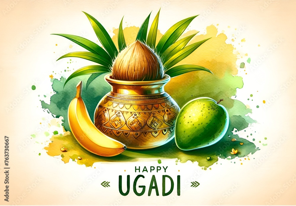 Watercolor illustration for ugadi with a traditional pot and fruits. - obrazy, fototapety, plakaty 