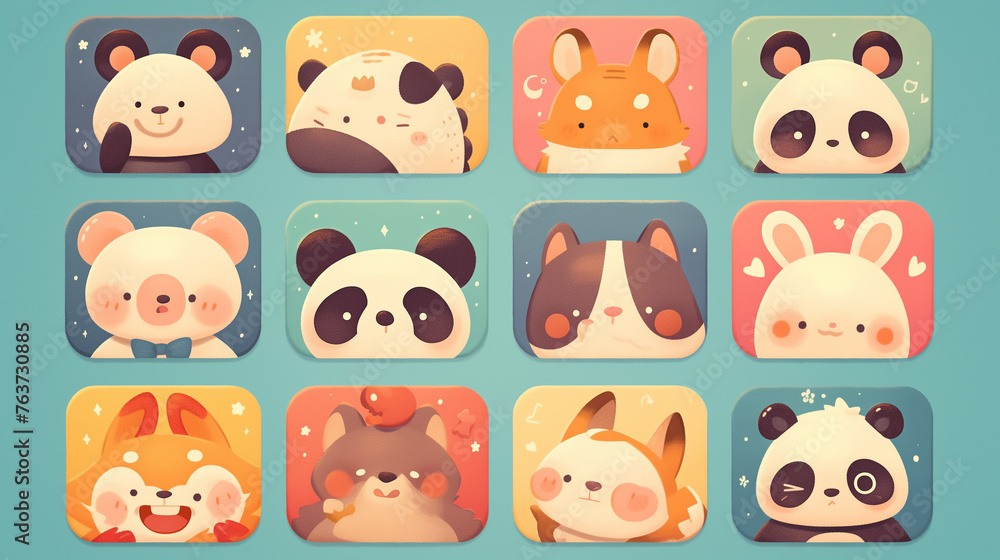 A whimsical array of cute cartoon animals on blue background A whimsical array of cute cartoon animals on blue background