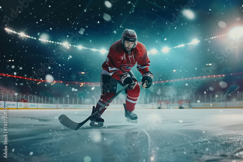 
A hockey player in jersey is skating on the ice with a hockey stick. Concept of action and excitement, as the player is in the midst of a game
