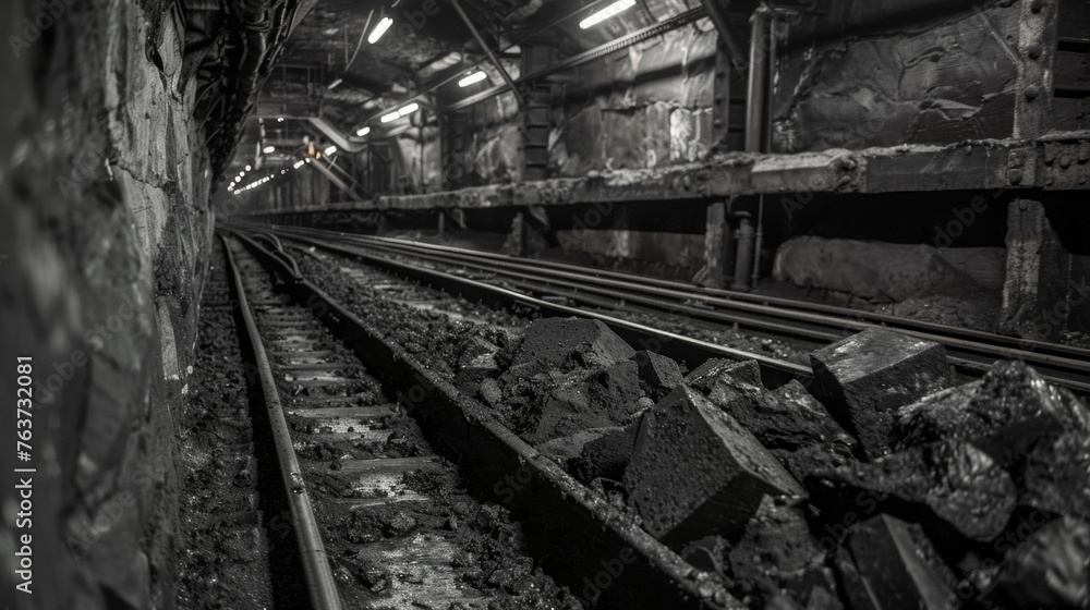 Massive chunks of coal lined up along the walls waiting to be transported to the surface.